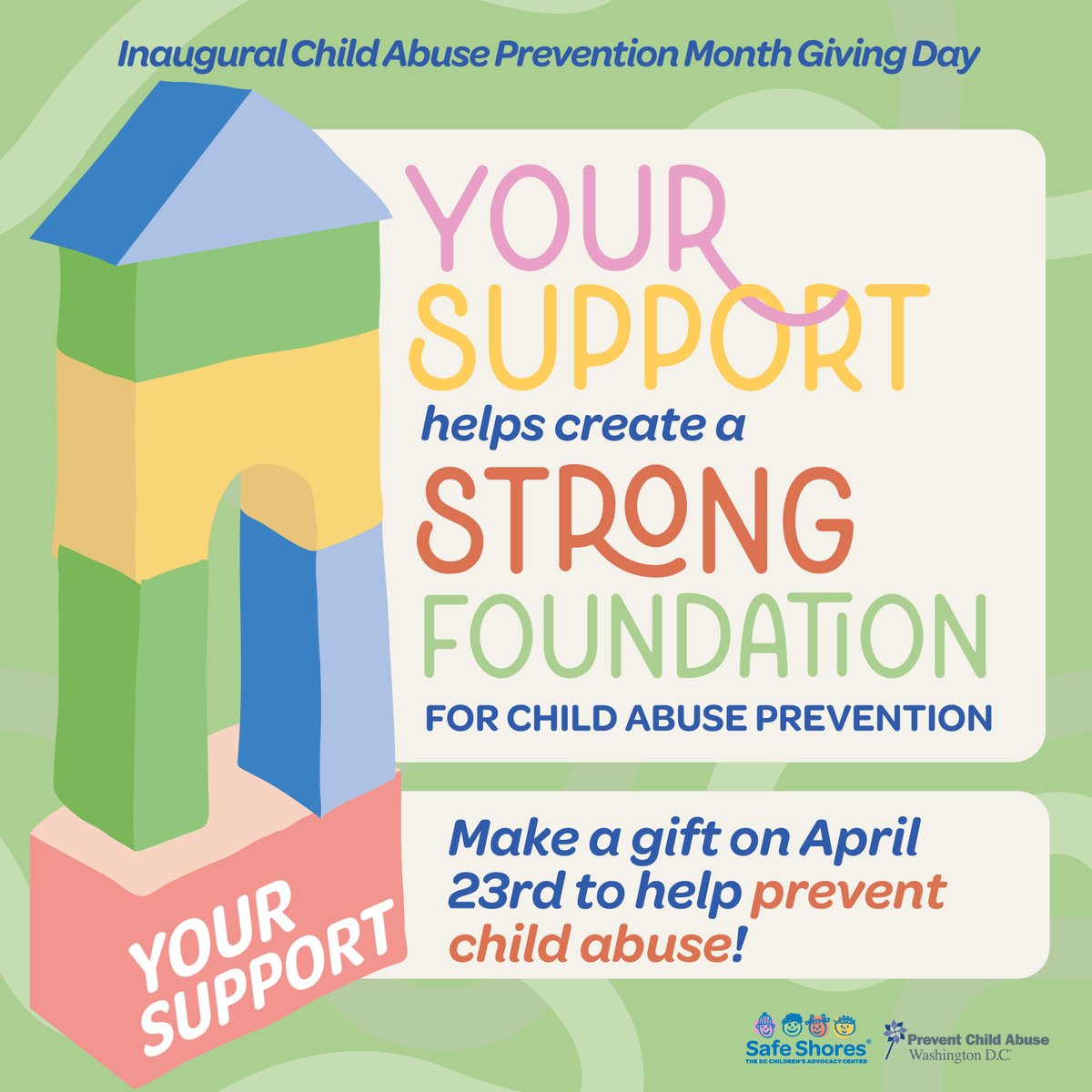 SafeShoresDC's tweet photo. On April 23rd, will you help prevent child abuse by making a gift for our inaugural #ChildAbusePreventionMonth Giving Day? 

Every gift helps create a strong foundation for child abuse prevention in DC!
https://t.co/YnztAk77Yy https://t.co/LMBDJsMiDj
