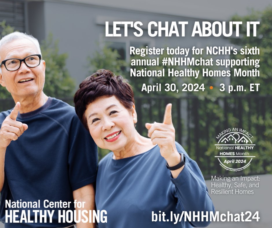 COMING TUESDAY, APRIL 30, AT 3 P.M. ET/12 PT! Register for our sixth annual #NHHMchat in support of @HUDHealthyHomes' National Healthy Homes Month. Join us for a very exciting hour! Spread the word! Details: bit.ly/NHHMchat23

#NHHM24 #PublicHealth #LeadPoisoning #Asthma