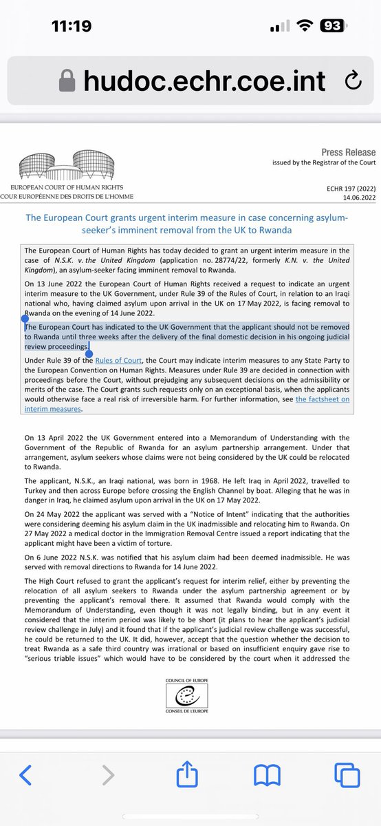 @MrHarryCole @RobertJenrick Jenrick is lying through his teeth. And you are supporting him in those lies. This is the only judgment issued by the ECtHR in relation to Rwanda. It clearly says the decision rests with UK Courts. The problem for the government is that @UKSupremeCourt ruled the scheme unlawful.