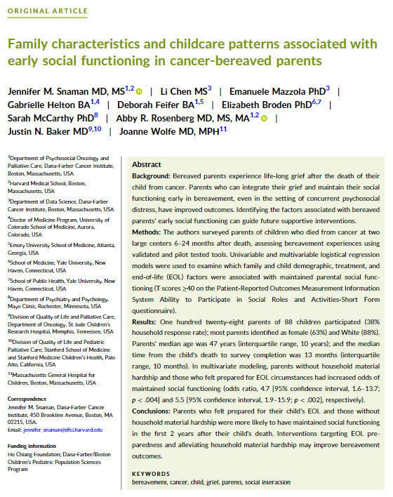 Parental social functioning is an indicator of well-being in early bereavement. Preparation for end of life and absence of household material hardships was associated with parental social functioning. acsjournals.onlinelibrary.wiley.com/doi/full/10.10… @JenniferSnaman @AbbyRosenbergMD @OncoAlert