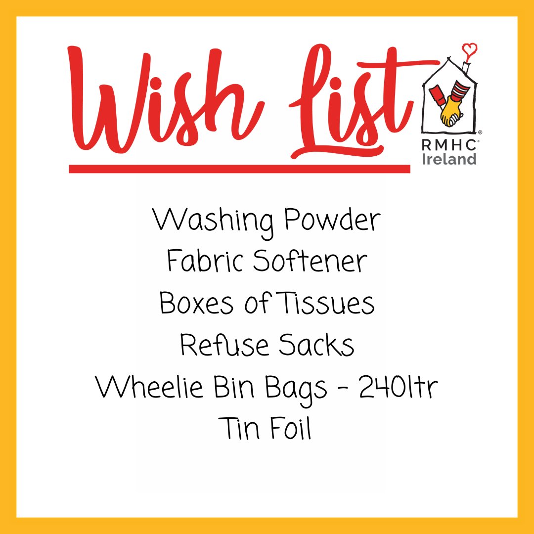 ✨ It's Wishlist Wednesday ✨ And we're looking for some very important basics this month 🧺🧼 If you, your place of work or a company you know would like to make a difference to families staying in our House, please get in touch 🏠💛 📞 (01) 456 0435 📧 fundraising@rmhc.ie