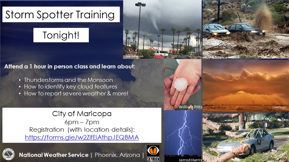 Are you interested in weather? Would you like to contribute to public safety? Become a #Skywarn Storm Spotter! There is a 1 hour training class in the City of Maricopa tonight. Register at the link. #azwx forms.gle/w2ZifEiAthpJEQ…