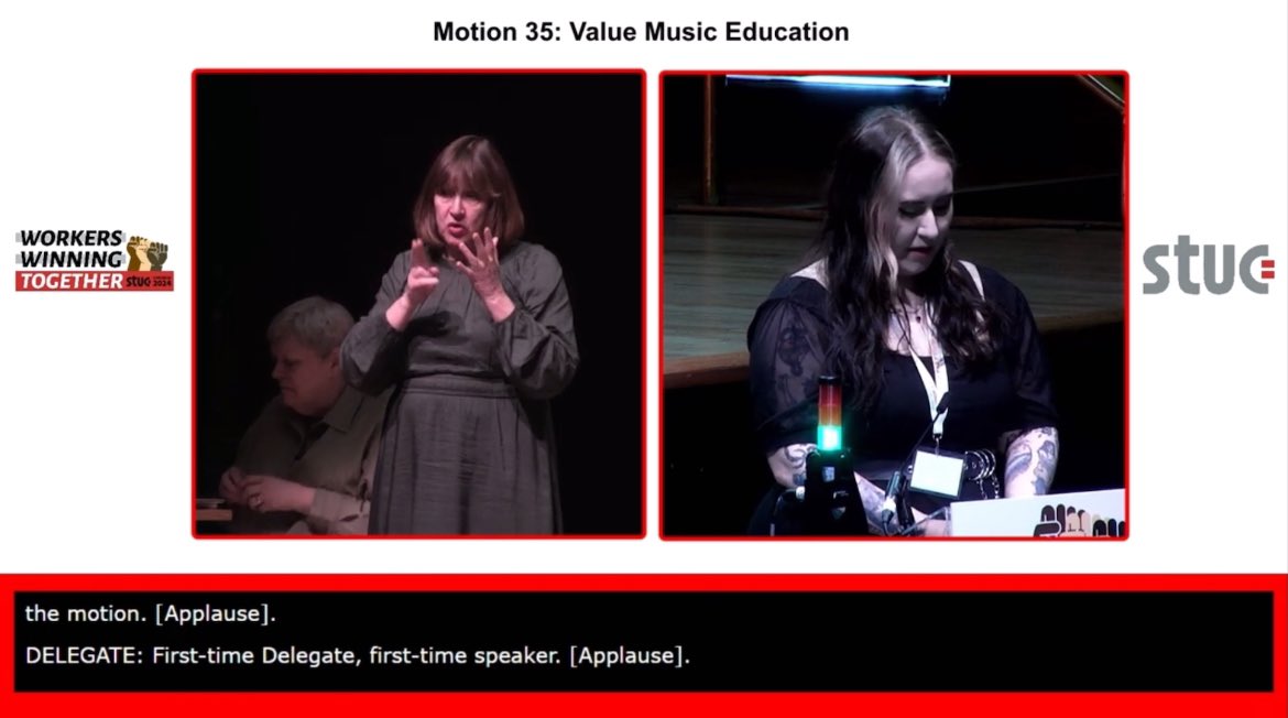 really proud to have had my first time speaking at STUC congress be in support of @WeAreTheMU’s motion on valuing music education. class should not be a barrier to participation in music activity, nor should it be a barrier to a music career. we fight for roses too 🌹