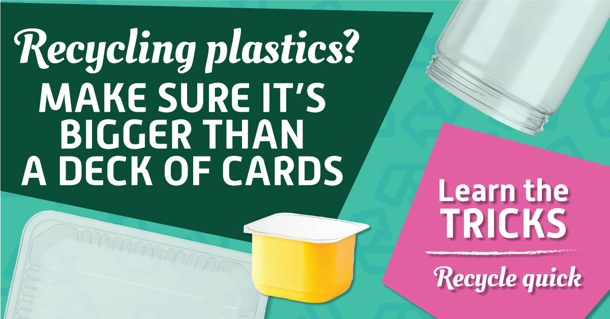 Recycling your household plastics? ♻ Avoid the small stuff! Plastics must be larger than a playing card box to be recycled. Anything smaller than 3” will be missed during sorting! ℹ️ For more back-to-basics recycling tips, visit saskatoon.ca/recyclequick