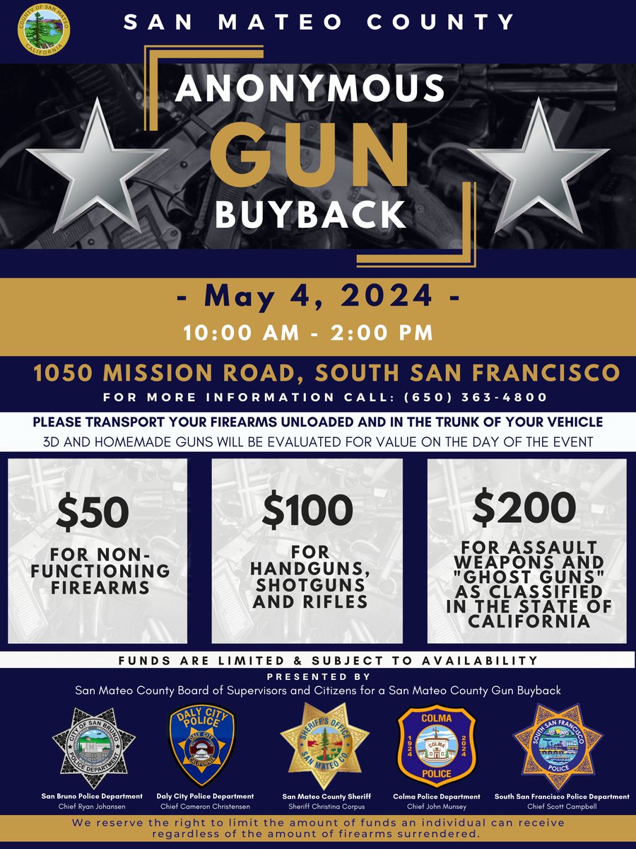 SMCSheriff's tweet photo. We're hosting an anonymous gun buyback event on Saturday, May 4 from 10 a.m. to 2 p.m. at 1050 Mission Rd. in South San Francisco. Learn more in the flyer below or at: https://t.co/xUeOXxNhoL https://t.co/XM8psc4qPf