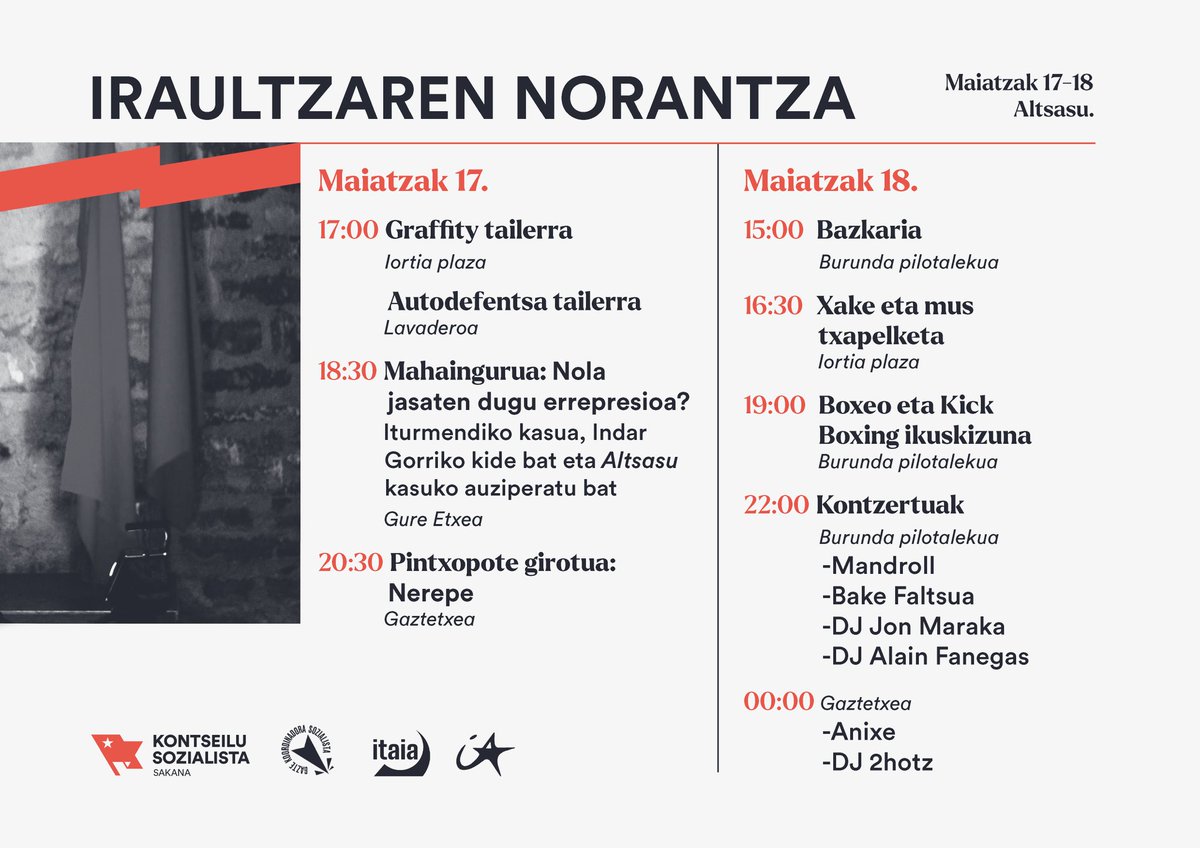 💥 IRAULTZAREN NORANTZA

Maiatzaren 17 eta 18rako Altsasun egitaraua antolatu dugu, eskaintza kulturalez, kirol ikuskizunaz, eduki politikoz eta abarrez hornitzeko egunak.

Laster sarreren informazioa argitaratuko dugu.