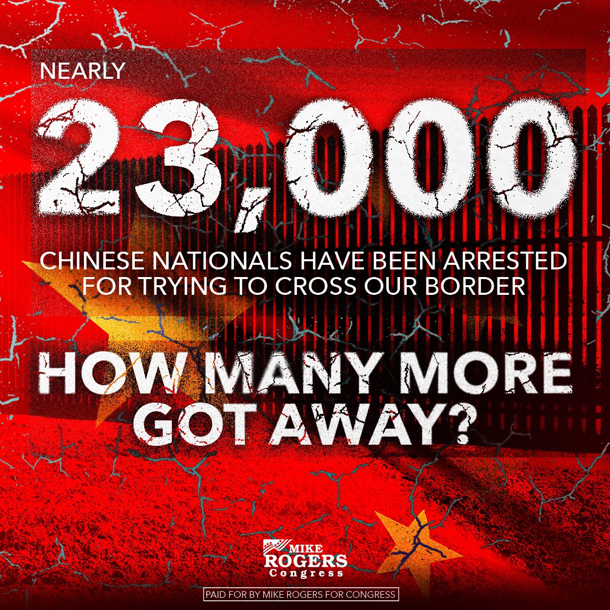 ICYMI: Nearly 23,000 Chinese nationals have been arrested for illegally crossing the border this fiscal year. How many more weren’t apprehended or have been released into our country? Our border security IS national security!