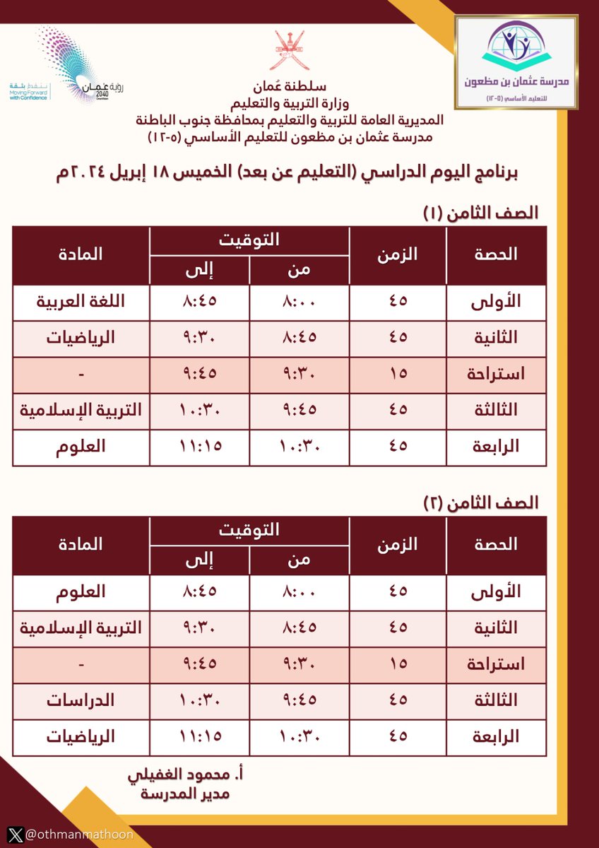 othmanmathoon's tweet photo. 💠 عزيزي الطالب.
💠 عزيزي ولي الأمر.
نظراً لاستمرار تعليق العمل في المدارس وتحويل الدراسة عن بعد ليوم غد الخميس الموافق ١٨ إبريل ٢٠٢٤.
وحرصاً من إدارة المدرسة والهيئة التعليمية على استمرار تعلم الطلبة، نرفق لكم جدول الحصص للتعليم عن بعد عبر المنصة التعليمية.
#Google_classroom https://t.co/OusPAoaDOb