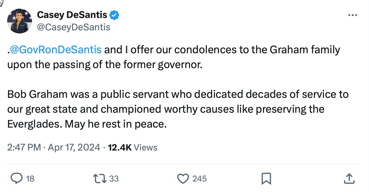 I'll say what everyone else in The Process is thinking after they read these soulless, rote responses by the DeSantis to the death of #BobGraham. Their comments are paint-by-numbers because the DeSantises could not be bothered to learn from the past. They don't reach out to