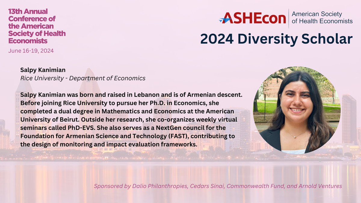 Congratulations to 2024 Diversity Scholarship recipient @SalpyKanimian, @RiceUniversity.

Learn more about the Diversity Scholarship here: ashecon.org/2024-san-diego…

Sponsored by @DalioDotOrg, @CedarsSinaiMed, @CommonwealthFnd and @Arnold_Ventures