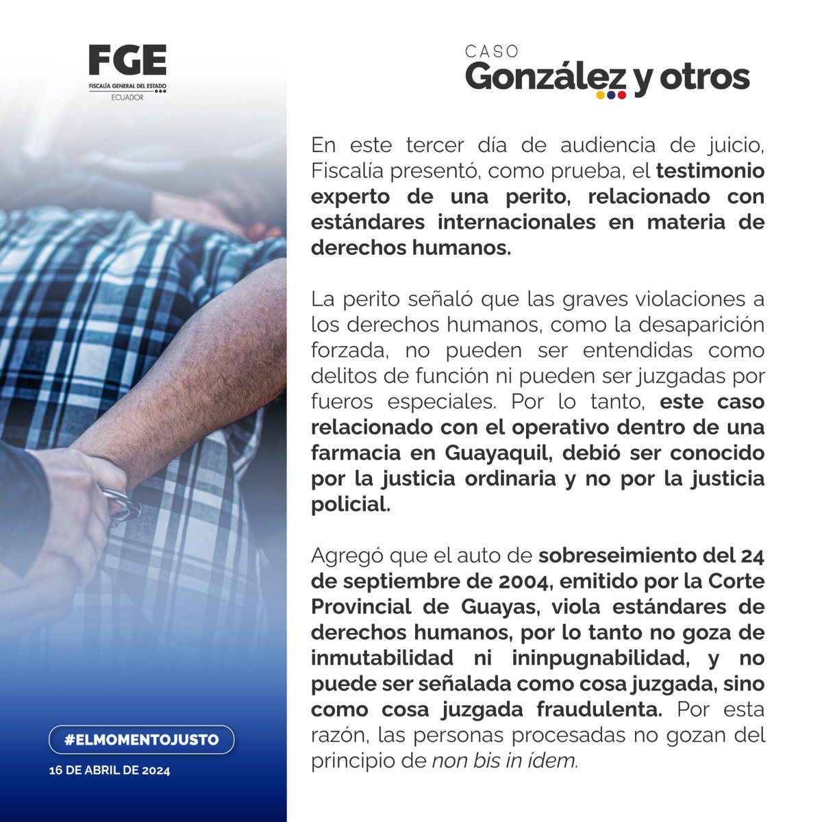 FiscaliaEcuador's tweet photo. #ACTUALIZACIÓN | Caso #GonzálezYOtros: #FiscalíaEc presentó, como prueba, el testimonio experto de una perito, relacionado con estándares internacionales en materia de derechos humanos.

Detalles ⬇️ https://t.co/kHBLYD77bI