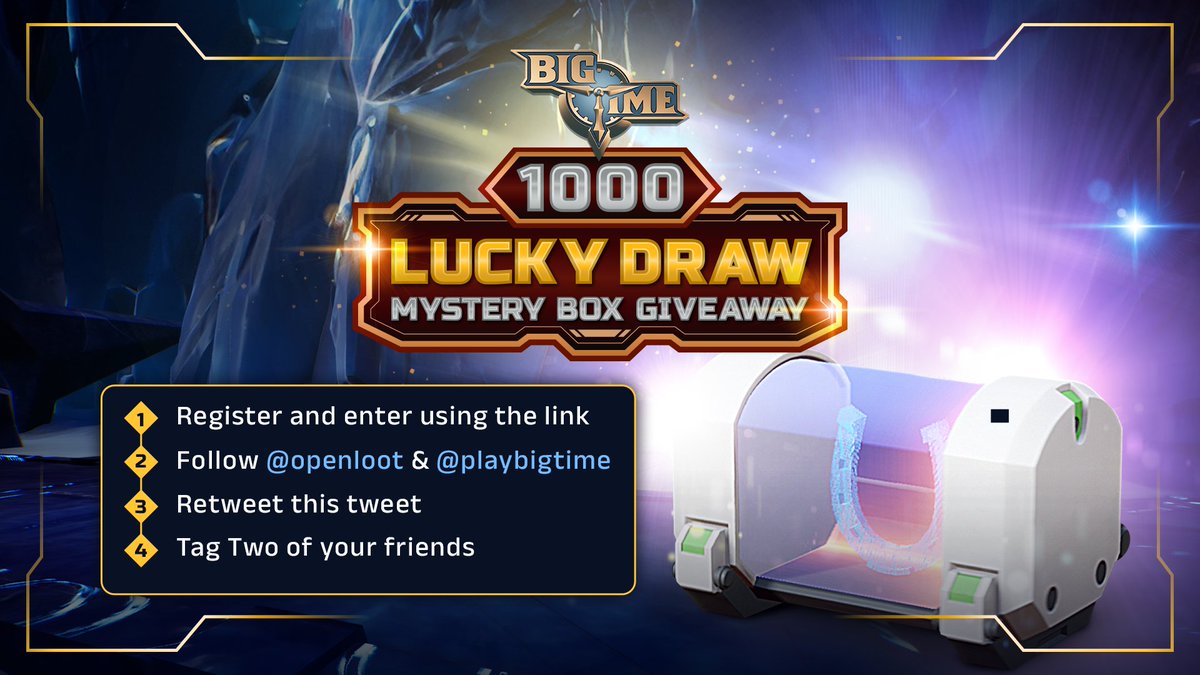 🎁 MASSIVE Big Time Giveaway! 🎁 1000 Lucky Draw Mystery Boxes are up for grabs! 💯 Starting now and ending 4.26.24 at 12PM PST 1️⃣ Register here: openloot.com/giveaways/bigt… 2️⃣ Follow @playbigtime and @OpenLoot 3️⃣ Retweet this tweet 4️⃣ Tag two of your friends!