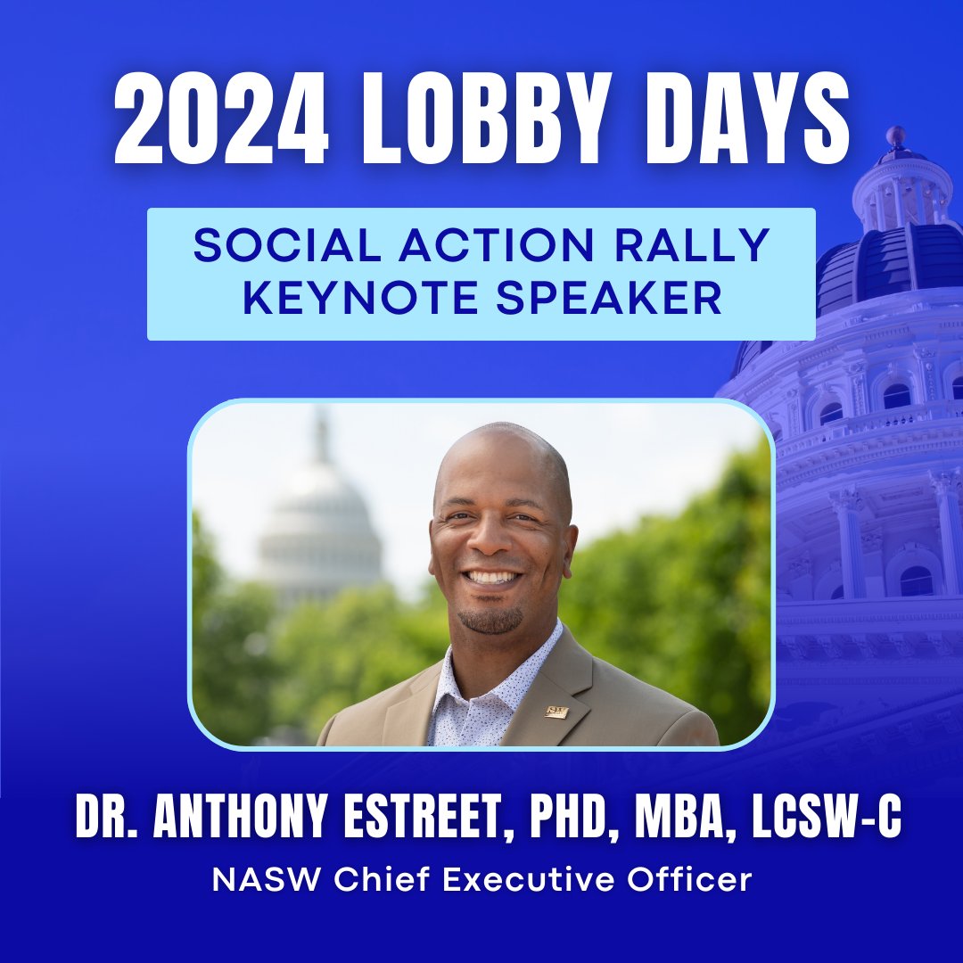 💥 We are proud to announce that @nasw CEO Dr. Anthony Estreet, PhD, MBA, LCSW-C will be joining us as the Keynote Speaker for the Social Action Rally at #LobbyDays! We look forward to welcoming Dr. Estreet and hundreds of social workers who are ready to rally for social justice!
