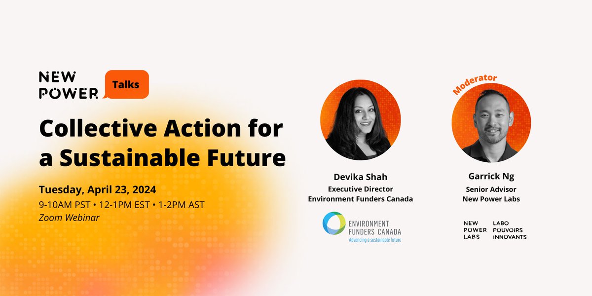 <a href="/npl_lpi/">New Power Labs | Labo Pouvoirs Innovants</a> Garrick Ng is hosting a conversation with Devika Shah of <a href="/EnviroFundersCA/">Environment Funders Canada</a>, exploring funders' role in advancing #climateaction &amp; how to foster collective action among funders and climate leaders.
🕰️ April 23, 2024; 12PM EST
#Earthmonth
Register: hubs.ly/Q02tdNF_0