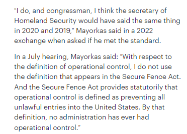 These are among the examples of Mayorkas lying to Congress. Was asked if the border was operationally secure in regards to a law that requires no illegal entries of people or goods.
