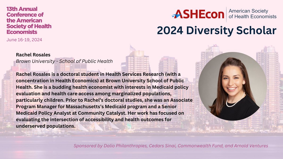 Congratulations to 2024 Diversity Scholarship recipient @rrosales433, @BrownHSPP, @Brown_SPH. Learn more about the Diversity Scholarship here: ashecon.org/2024-san-diego… Sponsored by @DalioDotOrg, @CedarsSinaiMed, @CommonwealthFnd and @Arnold_Ventures