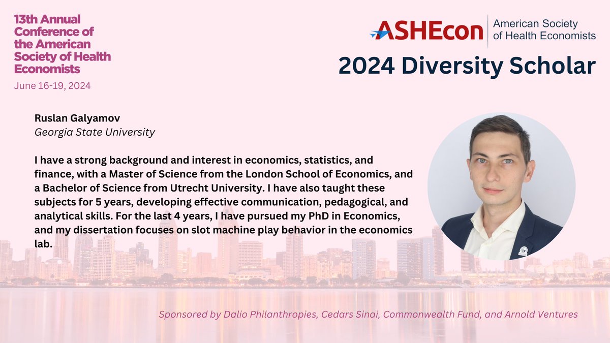 Congratulations to 2024 Diversity Scholarship recipient @ruslan_galyamov, @GeorgiaStateU.

Learn more about the Diversity Scholarship here: ashecon.org/2024-san-diego…

Sponsored by @DalioDotOrg, @CedarsSinaiMed, @CommonwealthFnd and @Arnold_Ventures