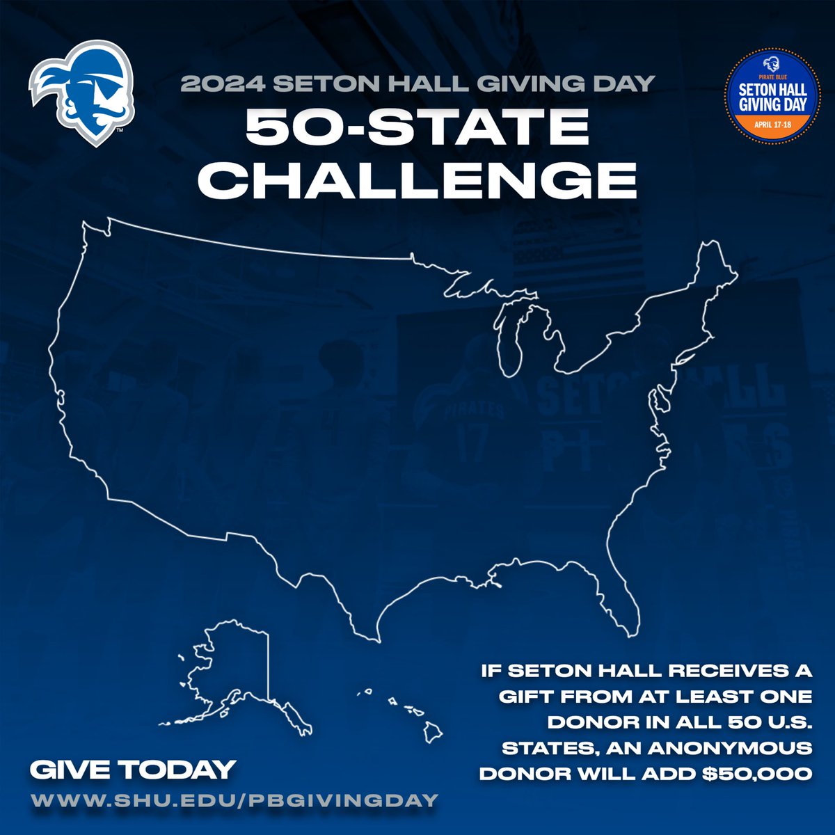 Here are the remaining states we need a donation from before midnight tonight to unlock the $50K! AL, AK, DE, ID, MN, MS, MT, ND, OH, SD, TN, UT, VT, WI shu.edu/pbgivingday #HALLin