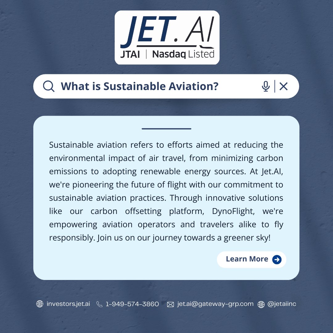 Jet AI is pioneering the future of eco-friendly flying. Dive into our commitment to sustainable aviation and learn how our innovative practices are opening new horizons. Join us at jet.ai

#jetai #fleetmanagement #aviation #artificialintelligence #sustainability