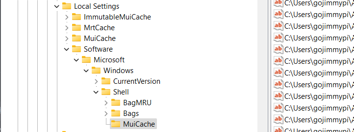 gojimmypi's tweet photo. TIL about HKEY_USERS\Software\Classes\Local Settings #MuiCache
A history of executables that ran on Windows.
It's apparently been a feature for over a decade. https://t.co/5uh7md89pk