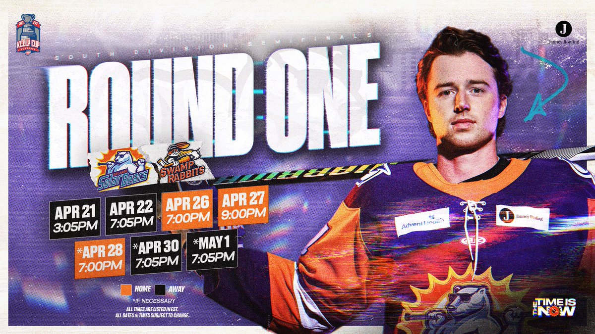 FIRST ROUND OF HOME PLAYOFF GAMES ARE SET! 👊 🎟️ bit.ly/2Wq9QyE Game 3 - Friday, April 26 at 7pm Game 4 - Saturday, April 27 estimated puck drop at 9pm (Doubleheader, @OrlandoMagic play at 1pm) - Doors at 8pm *Game 5 - Sunday, April 28 at 7pm #TheTimeIsNow