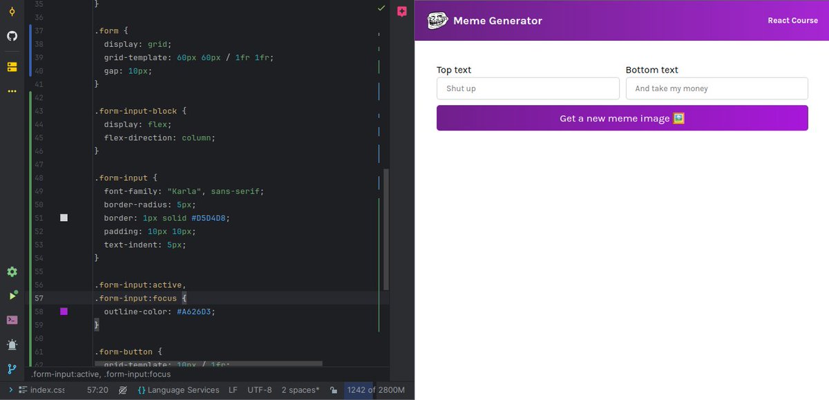 Day 39 of #100DaysOfCode 
Today i started a meme generator app, that will randomly generate a meme with an image based on user input. Here is my progress so far. 
#100daysofcoding #100daysofcodingchallenge #reactjs #javascript #webdevelopment