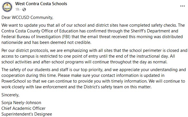 Today 04/17, we were alerted to a widespread email regarding a bomb threat sent to multiple school districts, including ours. We initiated a collaborative effort with the WCCUSD and allied L.E agencies, working throughout the morning to address the situation. Here is the Update: