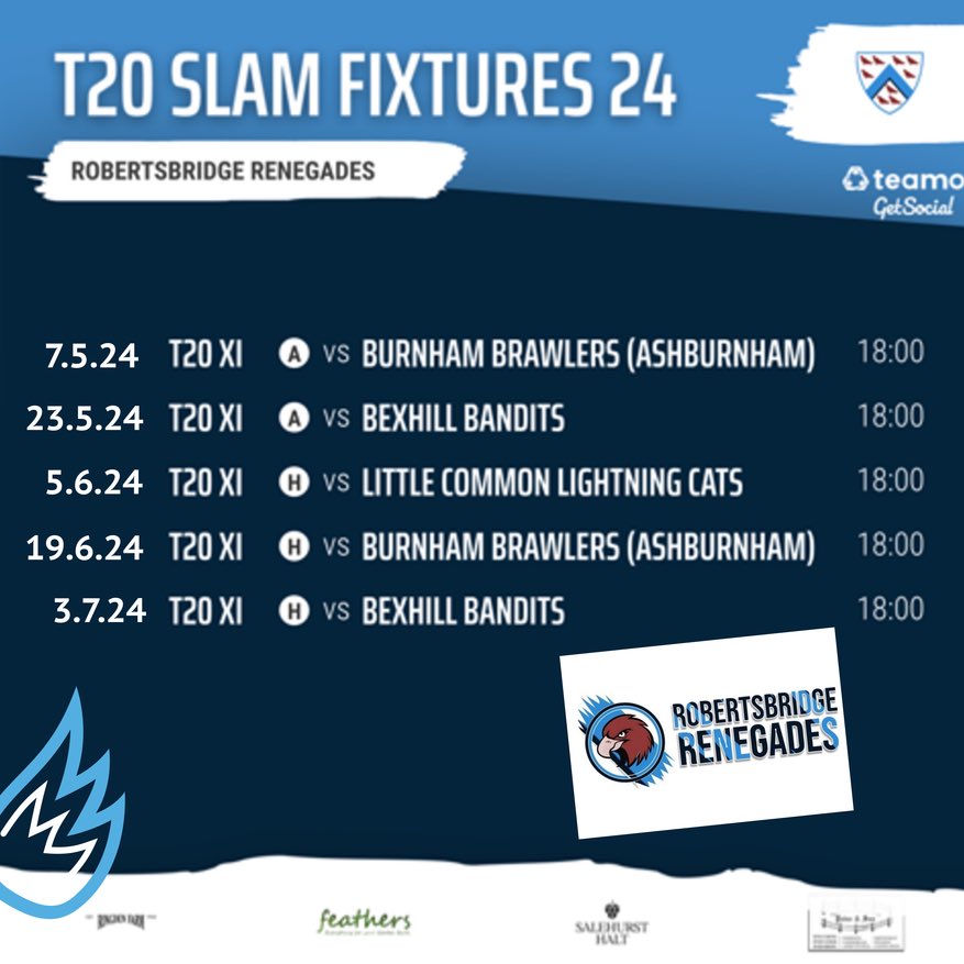 rbridgecc's tweet photo. 🔔 T20 Sussex Slam Fixtures 🔔 

The Robertsbridge Renegades will begin their T20 fixtures on 7th May against @ashburnhamcc and are looking forward to their T20 slam group!

Come and watch some T20 cricket 🏏 

@BexhillCC 
@LCRamblers 
@SussexSlam https://t.co/KRHPEiNH2N