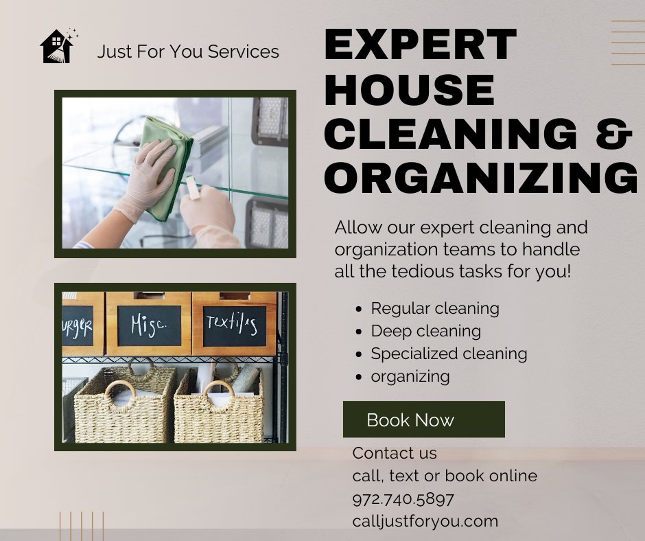Just For You offers expert house cleaning and organizing. Give us a call today to schedule your service. #cleaning #organzing #customizedservices