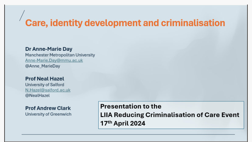 Very much enjoyed presenting to the London Innovation and Improvement Alliance with ⁦@NealHazel⁩ sharing our findings about how interactions in care can disrupt a child’s identity devpt setting them on a pathway to criminalisation way before the police are called….