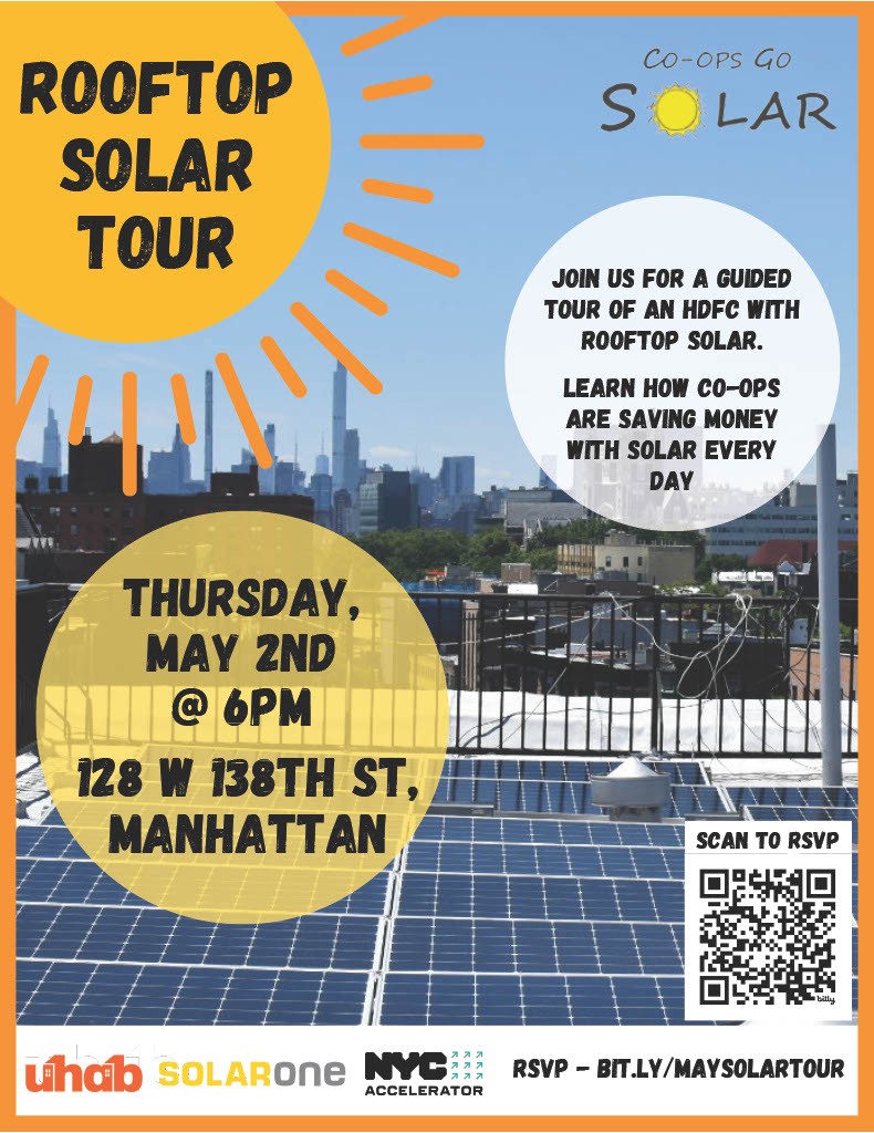 NYC Residents☀️ SAVE THE DATE Thinking solar for your building? Join @UHAB & Solar One for a FREE tour of an HDFC rooftop array. Thurs, May 2nd, 6 PM @ 128 W 138th St (Lenox & ACPB Jr Blvd) #NYCsolar #renewableenergy