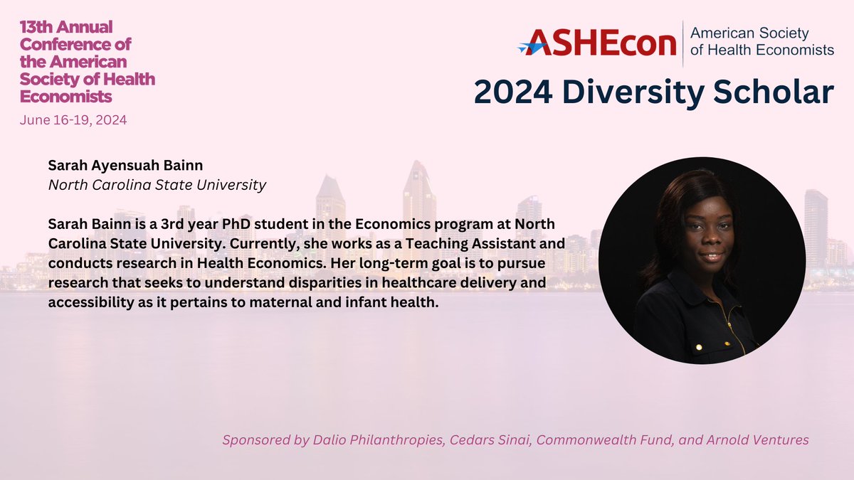 Congratulations to 2024 Diversity Scholarship recipient @sarahbainn, @NCState.

Learn more about the Diversity Scholarship here: ashecon.org/2024-san-diego…

Sponsored by @DalioDotOrg, @CedarsSinaiMed, @CommonwealthFnd and @Arnold_Ventures