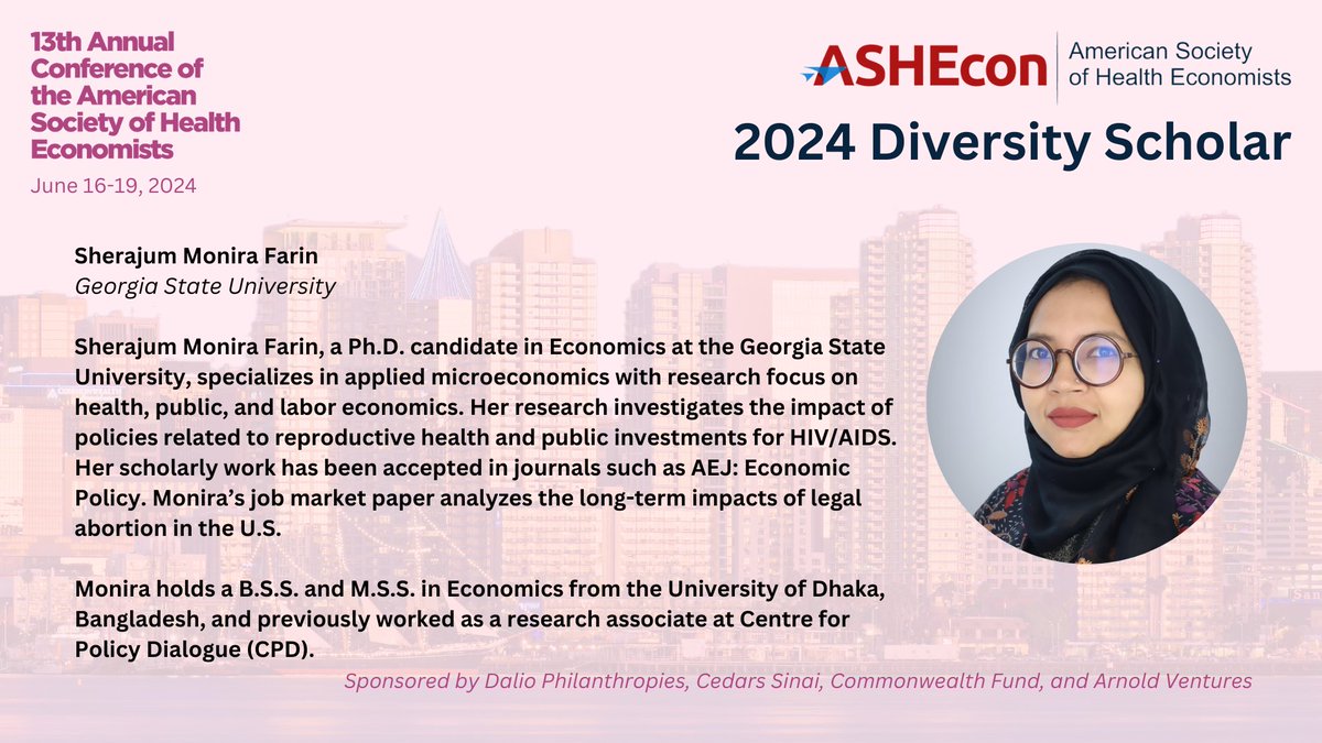 Congratulations to 2024 Diversity Scholarship recipient @monira_smf, @AYSPS @GSU_Economics.

Learn more about the Diversity Scholarship here: ashecon.org/2024-san-diego…

Sponsored by @DalioDotOrg, @CedarsSinaiMed, @CommonwealthFnd and @Arnold_Ventures