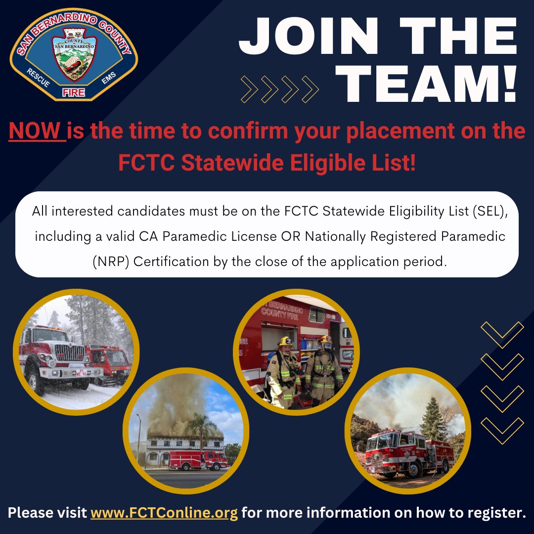 HIRING SOON: #JoinOurTeam as a Firefighter Trainee - Paramedic. Confirm your placement on the FCTC Statewide Eligible List now. Be ready to apply on 4/27/24.

LEARN MORE 👉 sbcfire.co/joinourteam
REGISTER 👉 sbcfire.co/fctc
APPLY ON 4/27/24 👉 sbcfire.co/3TUQfUE