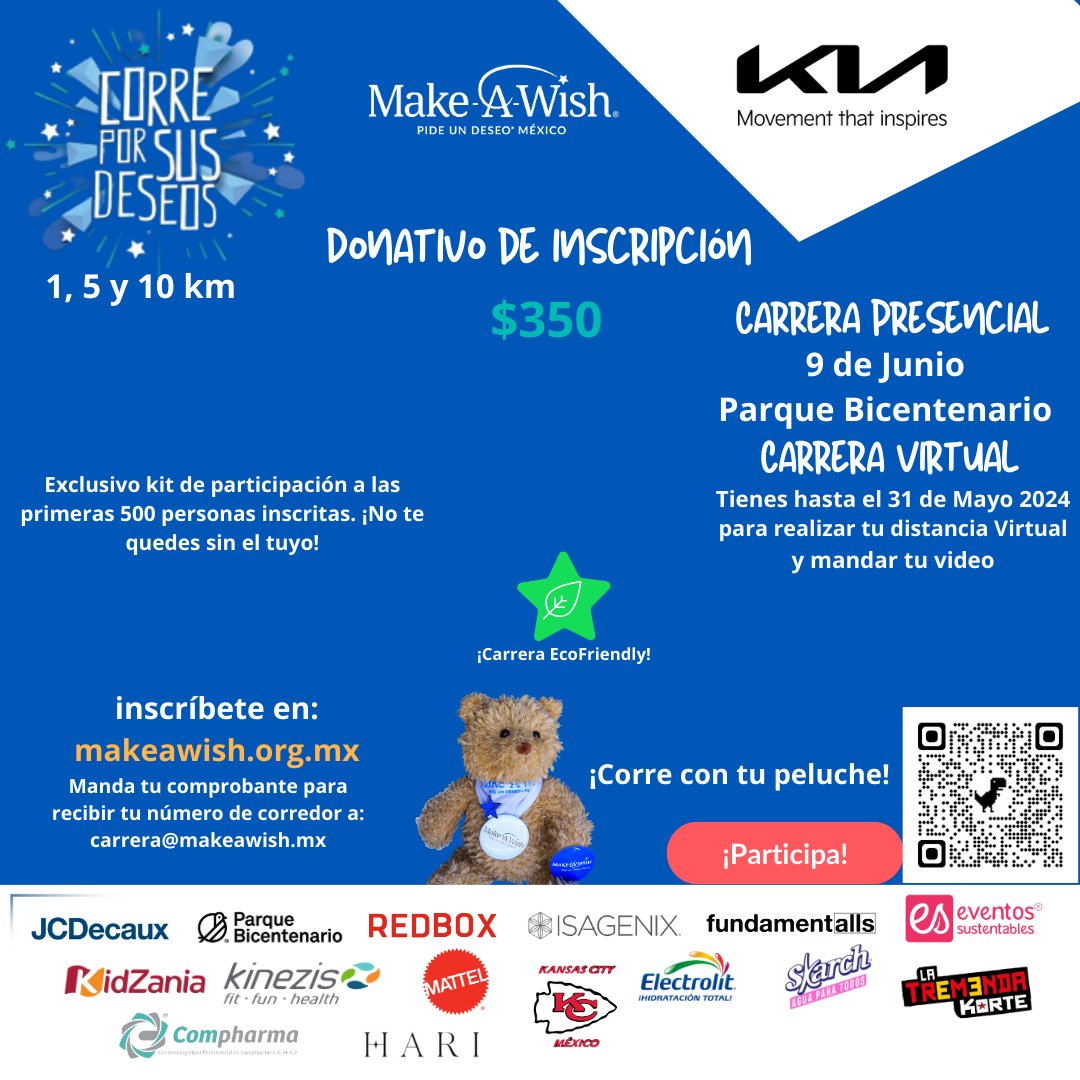 ¡Amigos! Los invitamos a participar en nuestra carrera familiar. Corre con tu peluche y disfruta de stands con actividades. 9 de junio 7:00 am, Parque Bicentenario. ¡Necesitamos tu apoyo para hacer realidad más deseos! Regístrate en makeawish.org.mx. ¡No te lo pierdas!🌟