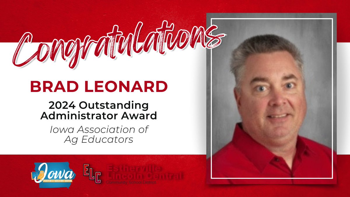 Brad Leonard, our High School Principal, has been awarded the 2024 IAAE Outstanding Administrator Award this year! The award recognizes an administrator for their support of agricultural education in the instructional programs they oversee. Congratulations, Mr. Leonard! 🎉🏆