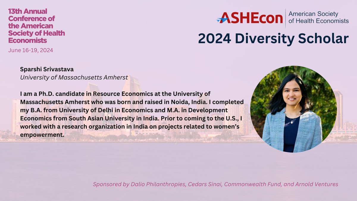 Congratulations to 2024 Diversity Scholarship recipient @sparshi_sri, @resec_umass, @UmassAmherst.

Learn more about the Diversity Scholarship here: ashecon.org/2024-san-diego…

Sponsored by @DalioDotOrg, @CedarsSinaiMed, @CommonwealthFnd and @Arnold_Ventures