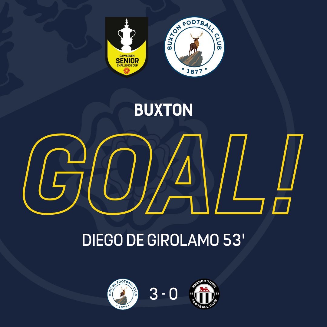 53' - GOAL! ⚽ Tommy Elliott finds De Girolamo in the box, who pokes it away to put the Bucks three goals to the good. 🔵⚪ Buxton 3-0 Heanor Town⚫⚪ #DCFACountyCups 🏆