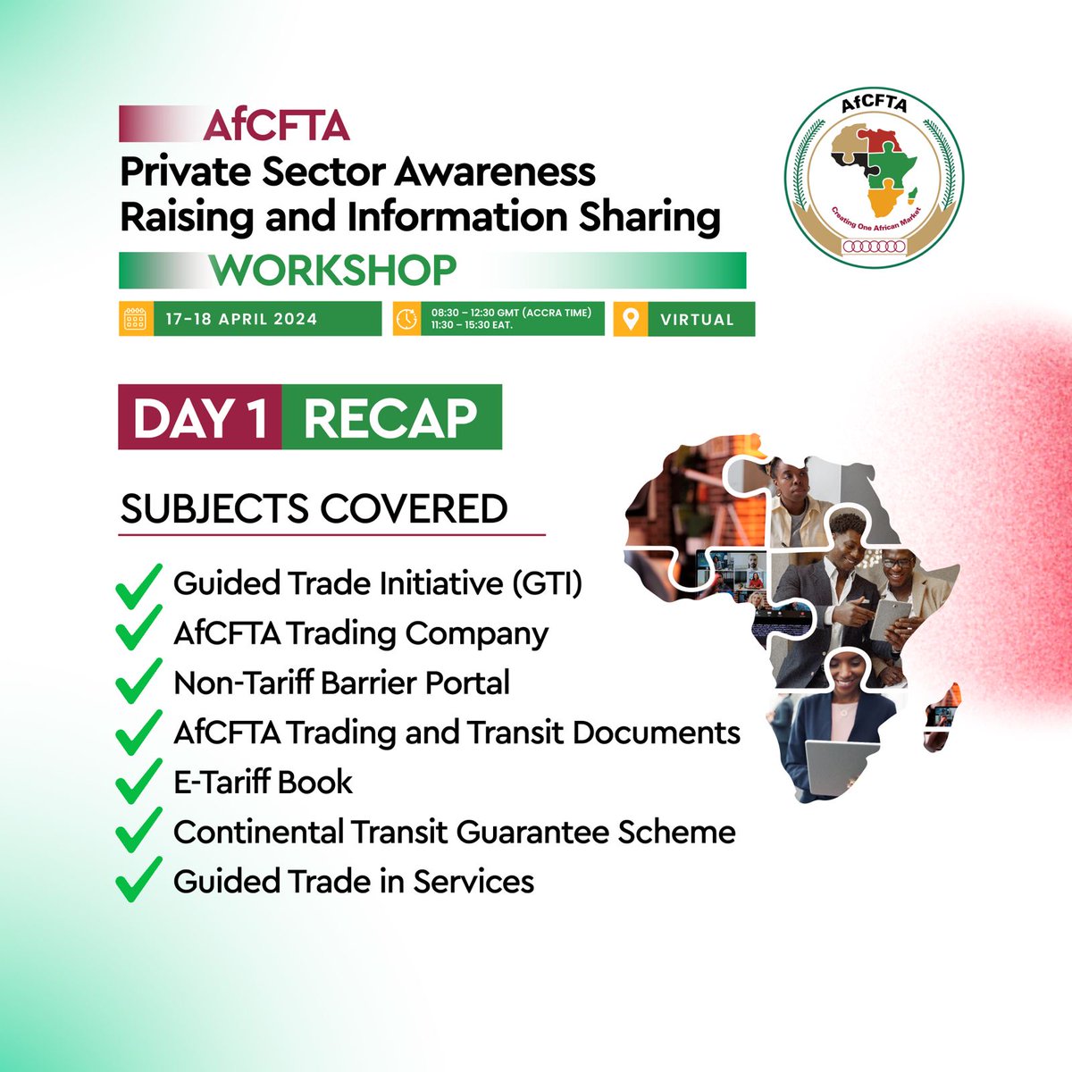 Thank you for joining us today for our virtual Private sector workshop! Day 1 was filled with insightful information about how the private sector can leverage on #AfCFTA operational tools to fully benefit from the Agreement! Here is a snapshot of the highlights! Join us tomorrow