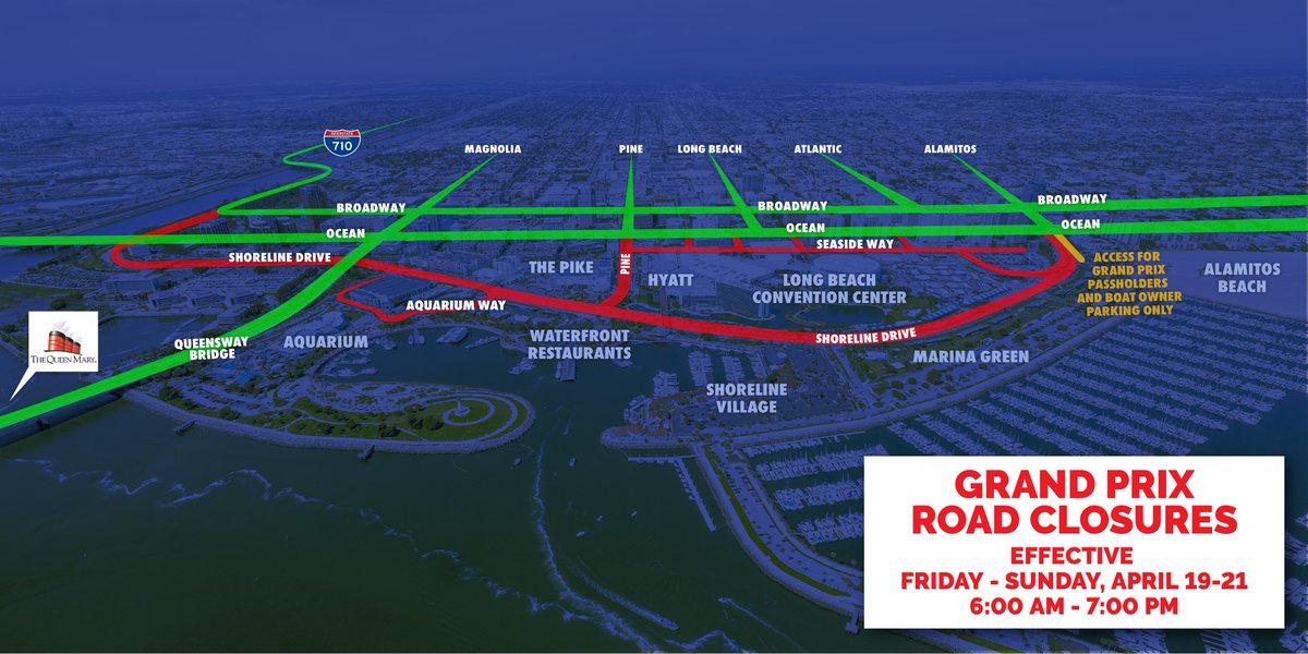 🚧 LONG BEACH GRAND PRIX CLOSURES 🚧
Effective Friday - Sunday, April 19-21, 2024
6:00AM - 7:00PM (each day)

🟥Closed Roads
🟩 Open Roads 
🟧 Boat Owner Access to Marina Green via Shoreline &amp; Ocean 

Details on Aquarium Access &amp; Street Openings after 7PM: bit.ly/GP24Closure