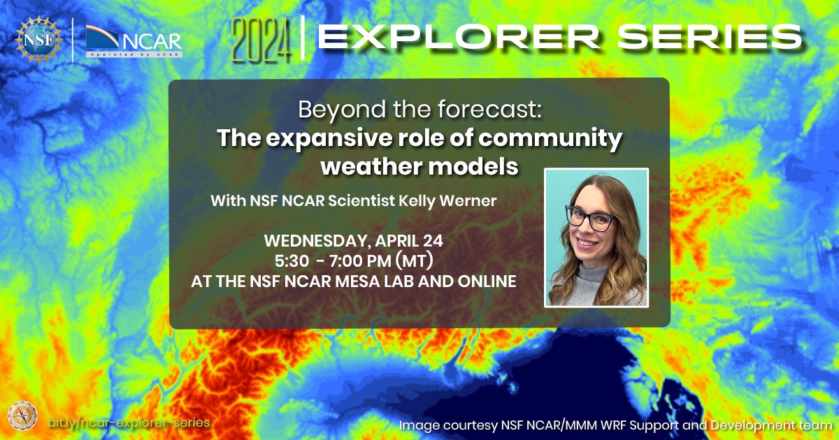 Community🏘 + weather models🌦 = a super important collab for forecasting 🤝 Next Wed, April 24, @ 5:30 pm, @NCAR_MMM scientist Kelly Werner will discuss community weather models+forecasting for our next Explorer Series lecture. Register: eventsquid.com/event.cfm?id=2…