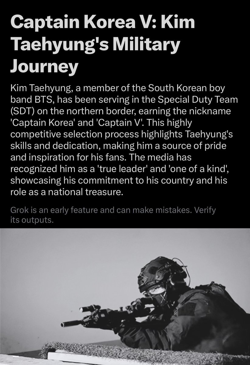 X's AI Grok has generated a description for Captain Taehyung! Captain Korea V: Kim Taehyung's Military Journey Kim Taehyung, a member of the South Korean boy band BTS, has been serving in the Special Duty Team (SDT) on the northern border, earning the nickname 'Captain Korea'…