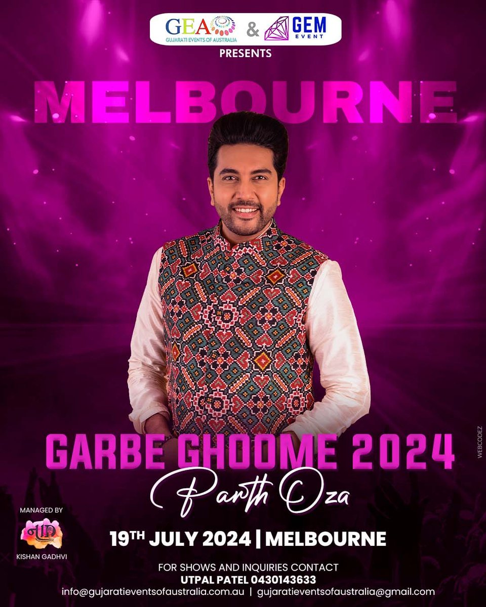 Elite Vin Productions (@elite_vin) on Twitter photo #ParthOza on an exclusive Melbourne Tour! 🌟
𝐆𝐚𝐫𝐛𝐞 𝐆𝐡𝐨𝐨𝐦𝐞 𝟐𝟎𝟐𝟒 𝐰𝐢𝐭𝐡 𝐏𝐚𝐫𝐭𝐡 𝐎𝐳𝐚 𝐨𝐧 𝐅𝐫𝐢𝐝𝐚𝐲, 𝟏𝟗𝐭𝐡 𝐉𝐮𝐥𝐲 𝟐𝟎𝟐𝟒
For inquiries contact Utpal Patel at: 📞 0430143633
📧 info@gujaratieventsofaustralia.com.au
#ParthOzaInMelbourne #ParthOza on an exclusive Melbourne Tour! 🌟
𝐆𝐚𝐫𝐛𝐞 𝐆𝐡𝐨𝐨𝐦𝐞 𝟐𝟎𝟐𝟒 𝐰𝐢𝐭𝐡 𝐏𝐚𝐫𝐭𝐡 𝐎𝐳𝐚 𝐨𝐧 𝐅𝐫𝐢𝐝𝐚𝐲, 𝟏𝟗𝐭𝐡 𝐉𝐮𝐥𝐲 𝟐𝟎𝟐𝟒
For inquiries contact Utpal Patel at: 📞 0430143633
📧 info@gujaratieventsofaustralia.com.au
#ParthOzaInMelbourne