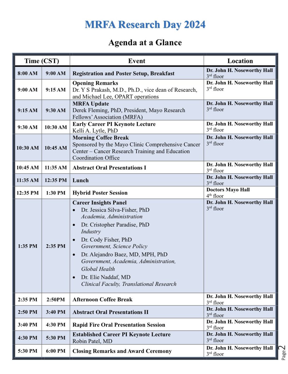 MayoMrfa's tweet photo. Research Day 2024 is here! 👏🏼 Join us this Thursday (4/18) with the opportunity to learn from knowledgeable speakers, showcase your projects, and connect with other researchers! Check email from MRFA for detailed agenda, zoom link and submit your questions for speakers. 🙋‍♀️ https://t.co/Myl9RNGEkr