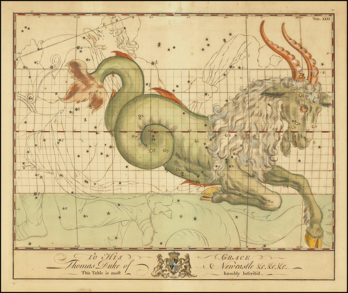Capricorn. From John Bevis' Uranographia Britannica (ca. 1749), a watershed in the history of celestial atlases, being among the last to show allegiance to the old animated mythology of the heavens. More in our latest post: publicdomainreview.org/collection/bev…