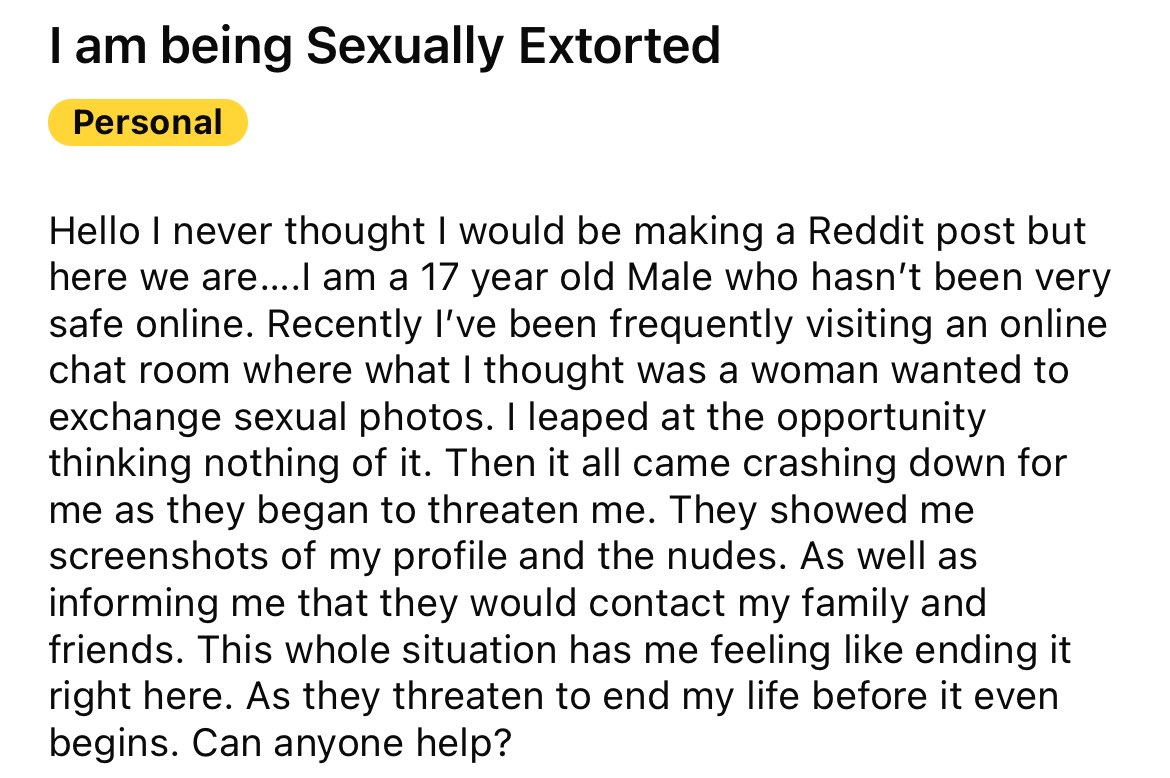 PARENTS: You need to sit your kid down and tell them about sextorsion. They are not going to know randos messaging them for sexting is a trap. reddit.com/r/Sextortion/
