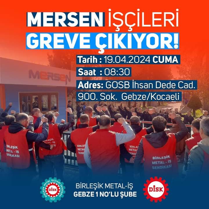 Yaşasın Grev Gebze GOSB'da bulunan Birleşik Metal-İş Gebze 1 No'lu şubenin örgütlenip yetki aldığı Mersen metal fabrikasında patronun yasa tanımaz tutumu yüzünden yapılamayan TİS sürecinin sonucu alınan grev kararı 19 Nisan Cuma uygulanacak. Mersen işçilerinin yanında olacağız.