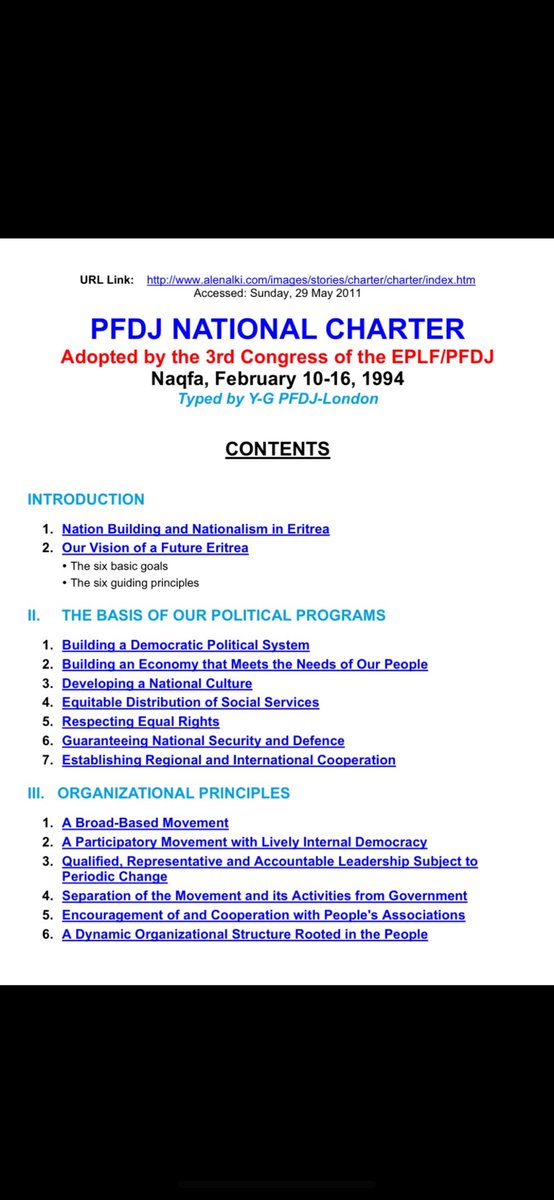 PFDJ NATIONAL CHARTER
Adopted by the 3rd Congress of the EPLF/PFDJ
Naqfa, February 10-16, 1994
The goals set by PFDJ thirty years ago and what has been achieved so far 
1. Nation Building and Nationalism in Eritrea 
⁃No building and a quarter of the population migrated
2.