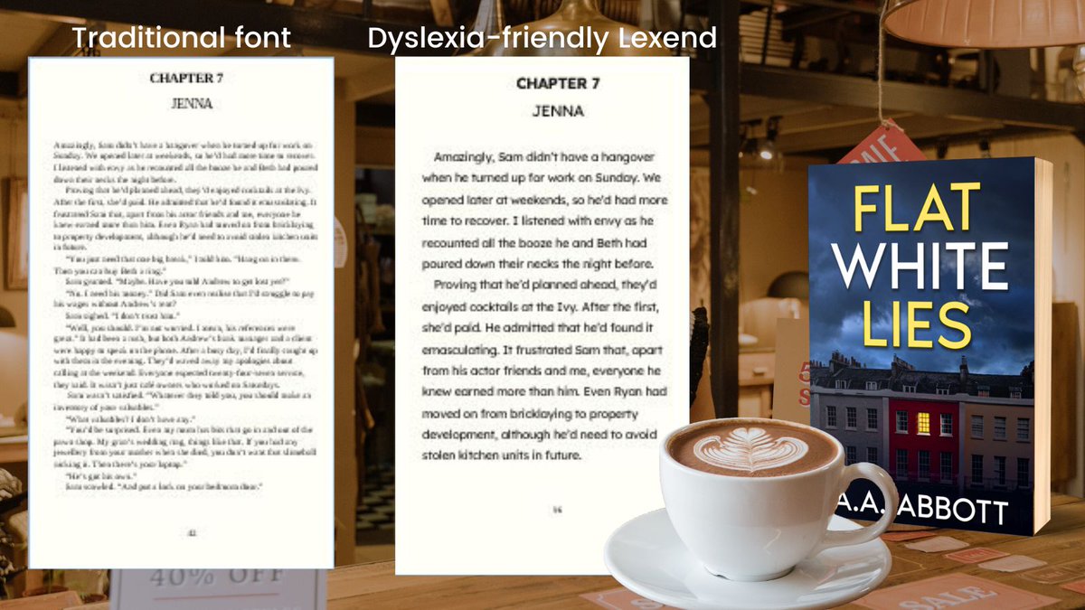 My latest #PsychologicalThriller was published in 5 #book formats! Like all my #books, they include an #easyreading version in #dyslexia-friendly font #Lexend. Look inside on #Amazon (click 'Read Sample' below the cover): mybook.to/FlatWhiteLiesD… #books #dyslexic #reading