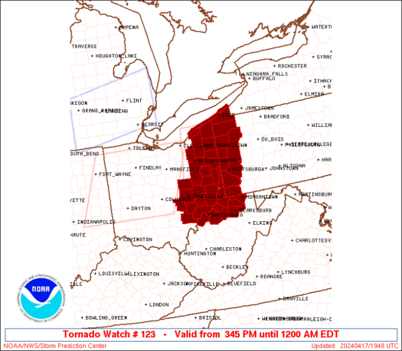 Tornado Watch 123
E Ohio, Far W Pennsylvania, Far N West Virginia, Lake Erie
Until Midnight EDT
A couple tornadoes possible
Scattered damaging wind gusts to 70 mph possible
Scattered large hail to 1.5' diameter possible
#ohwx #pawx #wvwx #lewx
spc.noaa.gov/products/watch…